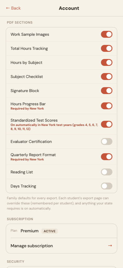 FolioKid Account page showing PDF section toggles with state-required sections marked Required by New York