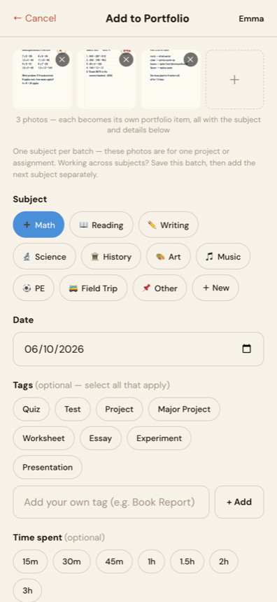 FolioKid Add to Portfolio screen with three photos staged as a batch and the Math subject selected