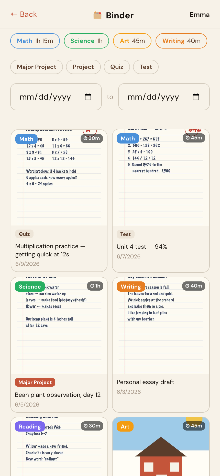 FolioKid Binder screen showing a student's uploaded work filtered by subject chips, tags, and a date range