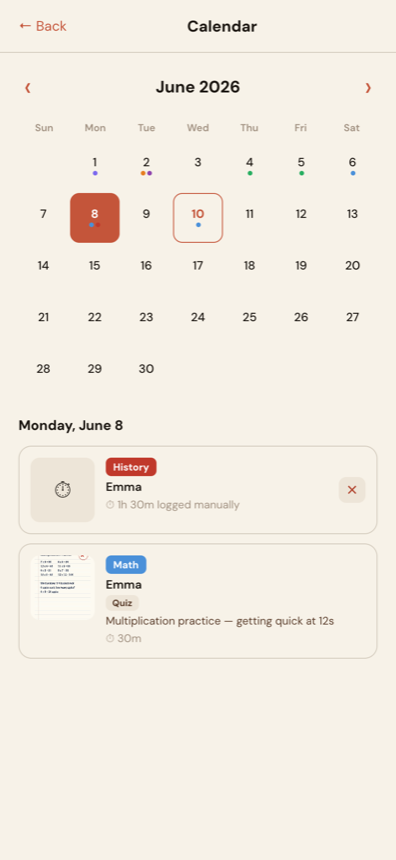 FolioKid calendar showing subject-colored dots on school days and a selected day with a manually logged hours entry and an uploaded item