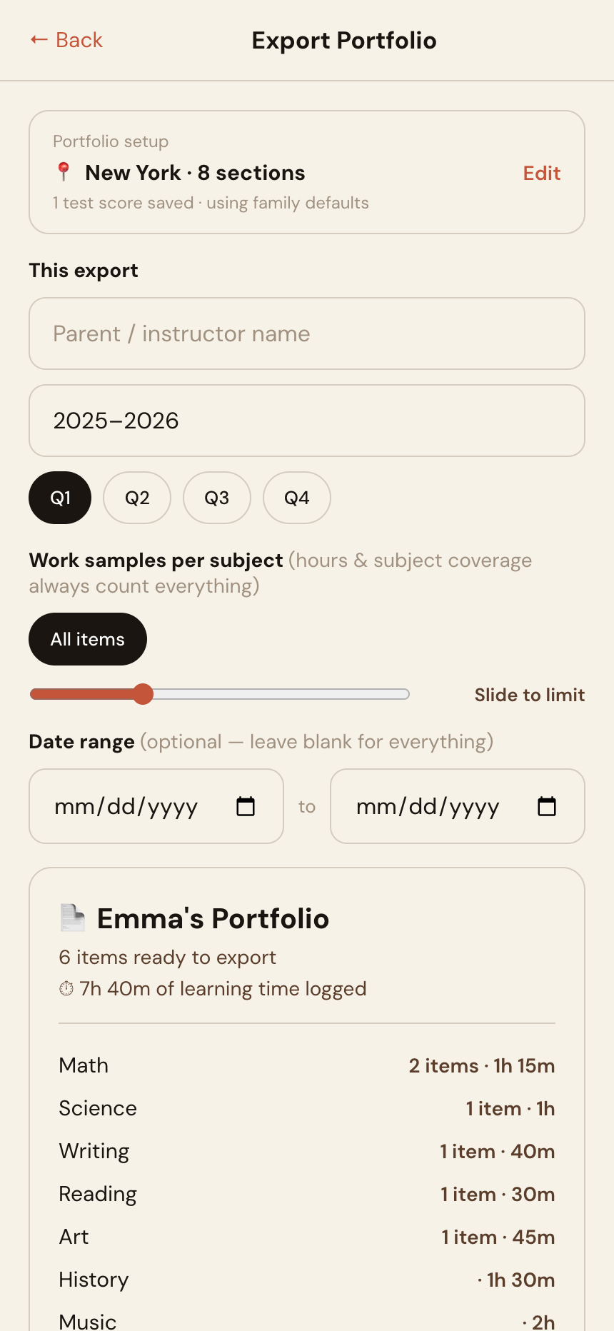 FolioKid Export Portfolio screen with the New York state template applied and PDF section toggles, some marked Required by New York