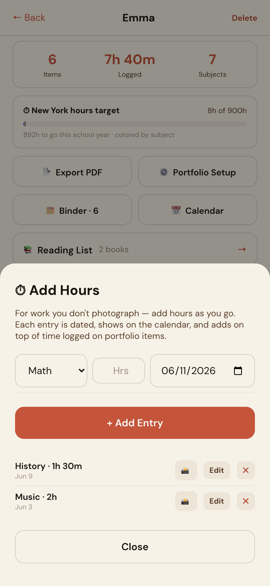 FolioKid Hours Log modal showing the add-entry form with subject, hours, and date fields, plus past entries with edit and delete buttons