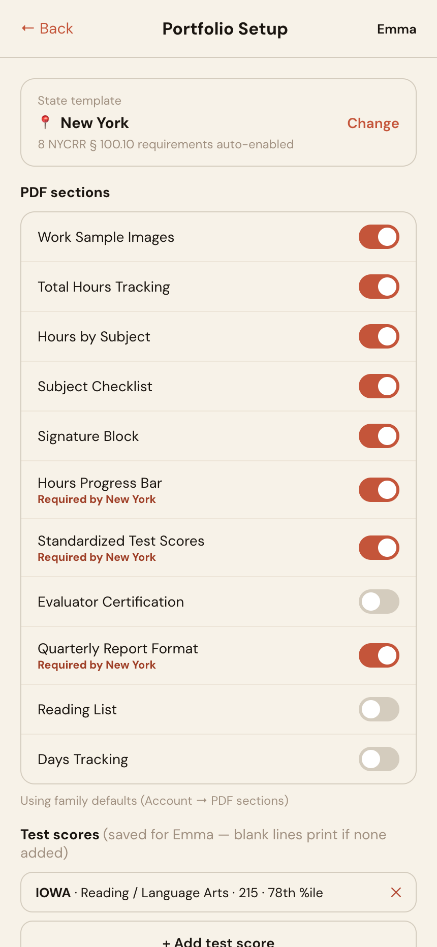 FolioKid Portfolio Setup page for one student with the state template, PDF section toggles, and saved test scores
