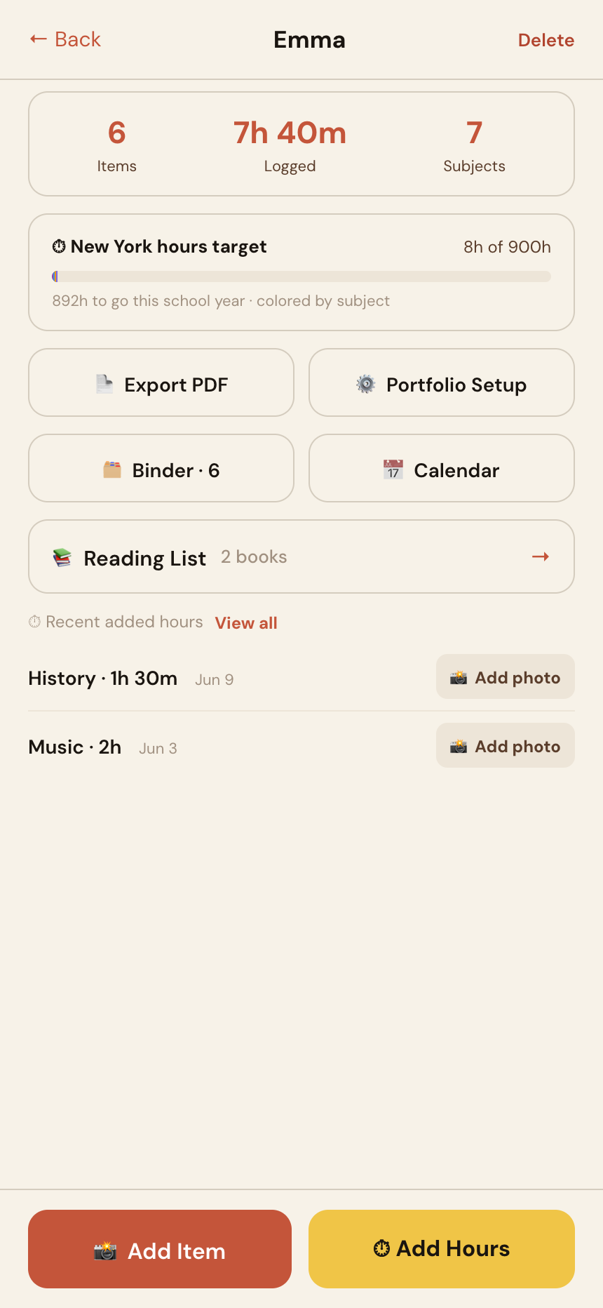 FolioKid student page showing hours target progress bar, reading list, hours log, per-subject totals, and the photo grid